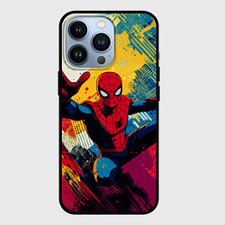 Чехол для iPhone 13 Pro Человек паук висит на паутине, цвет: 3D-черный