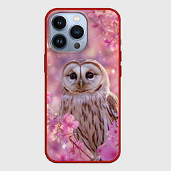 Чехол для iPhone 13 Pro Белая сова и розовые цветы, цвет: 3D-красный