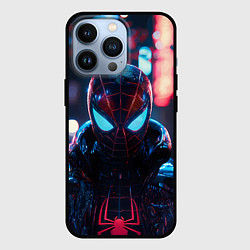 Чехол для iPhone 13 Pro Человек-паук в вечернем городе, цвет: 3D-черный