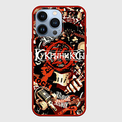 Чехол для iPhone 13 Pro Кукрыниксы на фоне электрогитар, цвет: 3D-красный