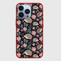 Чехол для iPhone 13 Pro Ёжики в цветах, цвет: 3D-красный
