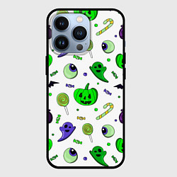 Чехол для iPhone 13 Pro Halloween light green pumpkin ghost pattern, цвет: 3D-черный