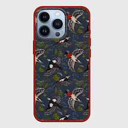 Чехол для iPhone 13 Pro Дятлы и цветы, цвет: 3D-красный