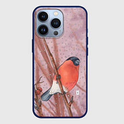 Чехол для iPhone 13 Pro Акварельный снегирь в рябине, цвет: 3D-тёмно-синий