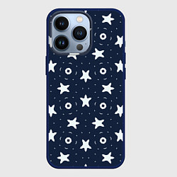 Чехол для iPhone 13 Pro Белые кольца и звезды на синем, цвет: 3D-тёмно-синий