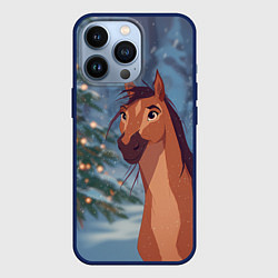 Чехол для iPhone 13 Pro Лошадь на фоне новогодней елки, цвет: 3D-тёмно-синий
