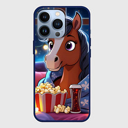 Чехол для iPhone 13 Pro Новогодняя лошадка с попкорном, цвет: 3D-тёмно-синий