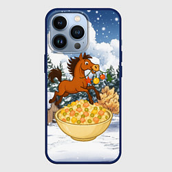 Чехол iPhone 13 Pro Новогодняя лошадка прыгает через оливье