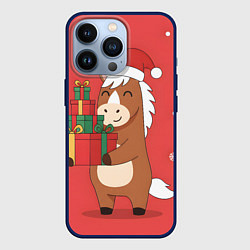 Чехол для iPhone 13 Pro Новогодняя лошадка с подарками, цвет: 3D-тёмно-синий