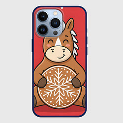 Чехол для iPhone 13 Pro Новогодняя лошадка с печенькой, цвет: 3D-тёмно-синий