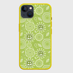 Чехол для iPhone 14 Plus Зеленый цветочный - паттерн смайлики, цвет: 3D-желтый