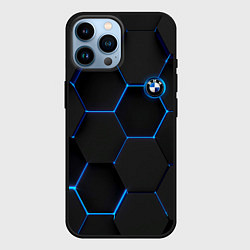 Чехол для iPhone 14 Pro Max BMW blue neon theme, цвет: 3D-черный