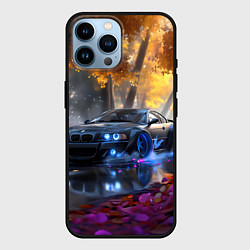 Чехол для iPhone 14 Pro Max BMW синие неоновые фары, цвет: 3D-черный