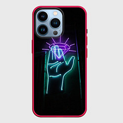 Чехол для iPhone 14 Pro Неоновые рука и бриллиант - Фиолетовый, цвет: 3D-малиновый