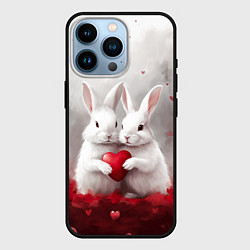 Чехол для iPhone 14 Pro Белые кролики с сердцем, цвет: 3D-черный