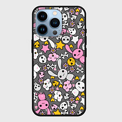 Чехол для iPhone 14 Pro Зайчики с черепами паттерн, цвет: 3D-черный