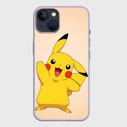Чехол для iPhone 14 Пикачу на бежевом фоне, цвет: 3D-светло-сиреневый