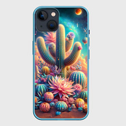Чехол для iPhone 14 Кактусы цветущие под космическим небом, цвет: 3D-голубой