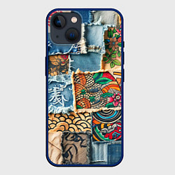 Чехол для iPhone 14 Японские мотивы на дениме, цвет: 3D-тёмно-синий