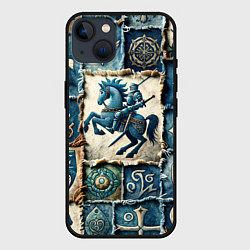 Чехол для iPhone 14 Рыцарь на пэчворк дениме, цвет: 3D-черный