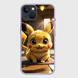 Чехол для iPhone 14 Пикачу сидит в комнате, цвет: 3D-светло-сиреневый