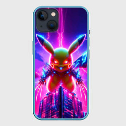 Чехол для iPhone 14 Neon horror - cyber Pikachu, цвет: 3D-голубой