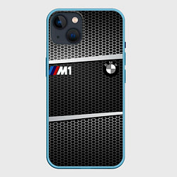 Чехол для iPhone 14 BMW металлическая сетка, цвет: 3D-голубой