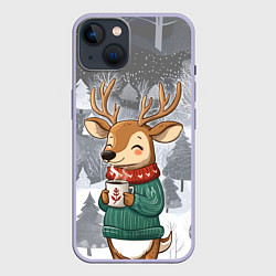Чехол для iPhone 14 Олень с кофе в лесу, цвет: 3D-светло-сиреневый