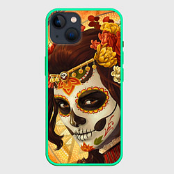Чехол для iPhone 14 Девушка. Сахарный череп, цвет: 3D-мятный