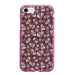 Чехол iPhone 7/8 матовый Черепа в Розах, цвет: 3D-малиновый