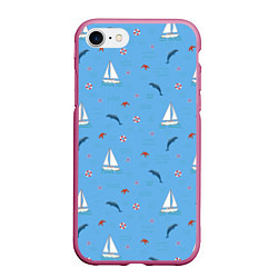 Чехол iPhone 7/8 матовый Море, дельфины, парусник, цвет: 3D-малиновый
