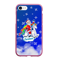 Чехол iPhone 7/8 матовый Новогодний Санта с Единорогом, цвет: 3D-малиновый
