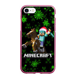 Чехол iPhone 7/8 матовый MINECRAFT НОВОГОДНИЙ КРИПЕРЫ, цвет: 3D-малиновый