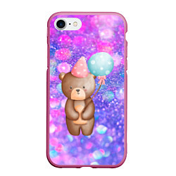 Чехол iPhone 7/8 матовый День Рождения - Медвежонок с шариками, цвет: 3D-малиновый