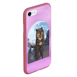 Чехол iPhone 7/8 матовый Волк оборотень в полнолуние, лиловое небо, цвет: 3D-малиновый — фото 2