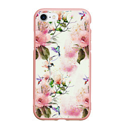 Чехол iPhone 7/8 матовый Цветы Нарисованные Магнолии и Разноцветные Птицы, цвет: 3D-светло-розовый
