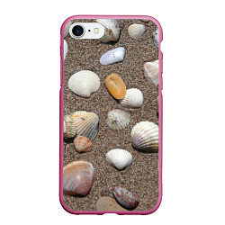 Чехол iPhone 7/8 матовый Композиция из ракушек на песке, цвет: 3D-малиновый