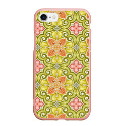 Чехол iPhone 7/8 матовый Зеленые узоры и оранжевые цветы, цвет: 3D-светло-розовый