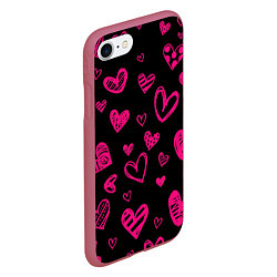 Чехол iPhone 7/8 матовый Розовые сердца, цвет: 3D-малиновый — фото 2
