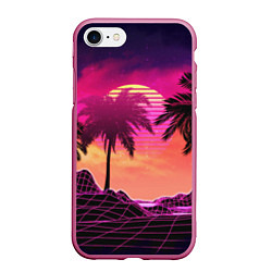 Чехол iPhone 7/8 матовый Пальмы и пляж в розовом закате ретро дизайн, цвет: 3D-малиновый
