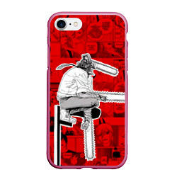Чехол iPhone 7/8 матовый Человек- бензопила : Кадры манги, цвет: 3D-малиновый