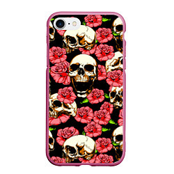 Чехол iPhone 7/8 матовый Черепа и розы, цвет: 3D-малиновый