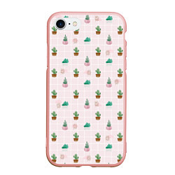 Чехол iPhone 7/8 матовый Акварельные кактусы на розовой клетке