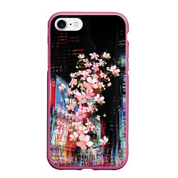 Чехол iPhone 7/8 матовый Ветка сакуры на фоне ночного Токио - glitch, цвет: 3D-малиновый