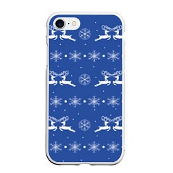Чехол iPhone 7/8 матовый Белые олени со снежинками на синем фоне