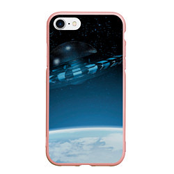 Чехол iPhone 7/8 матовый Космический корабль в космосе над планетой, цвет: 3D-светло-розовый