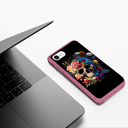 Чехол iPhone 7/8 матовый Череп c растениями и цветами, цвет: 3D-малиновый — фото 2