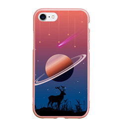 Чехол iPhone 7/8 матовый Сатурн на фоне падающих звезд и кометы, цвет: 3D-светло-розовый