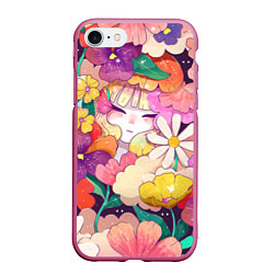 Чехол iPhone 7/8 матовый Девочка в цветах, цвет: 3D-малиновый