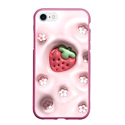 Чехол iPhone 7/8 матовый Объемная вдавленная клубника и цветочки, цвет: 3D-малиновый